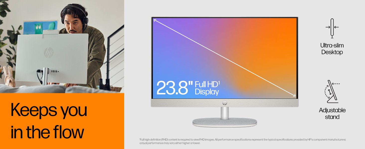 Text reads '23.8" Full HD Display' and 'Keeps you in the flow'. Monitor display specifications with ergonomic adjustment features highlighted.
