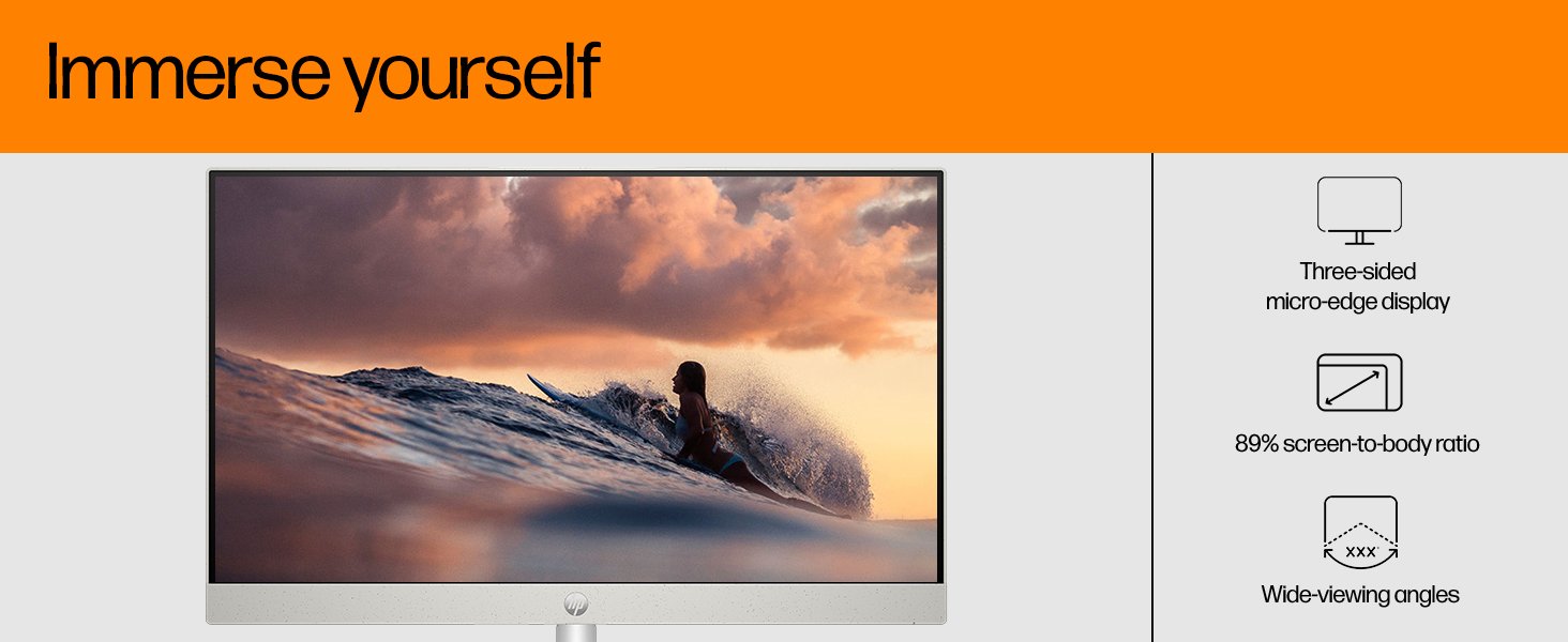 Text reads 'Immerse yourself.' Series of product interface mockups showing widescreen display settings, including sunset imagery and configuration diagrams.