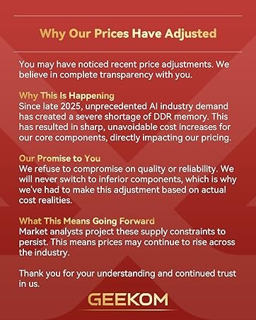 Text reads 'Why Our Prices Have Adjusted' followed by explanatory text about industry changes and price adjustments. GEEKOM branding visible.