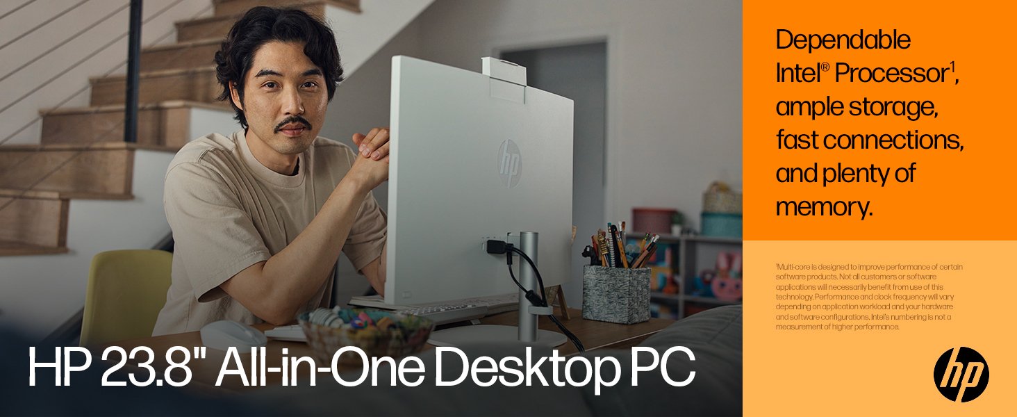 Text reads 'HP 23.8" All-in-One Desktop PC' and 'Dependable Intel® Processor, ample storage, and plenty of memory.' Additional promotional view of the same computer.